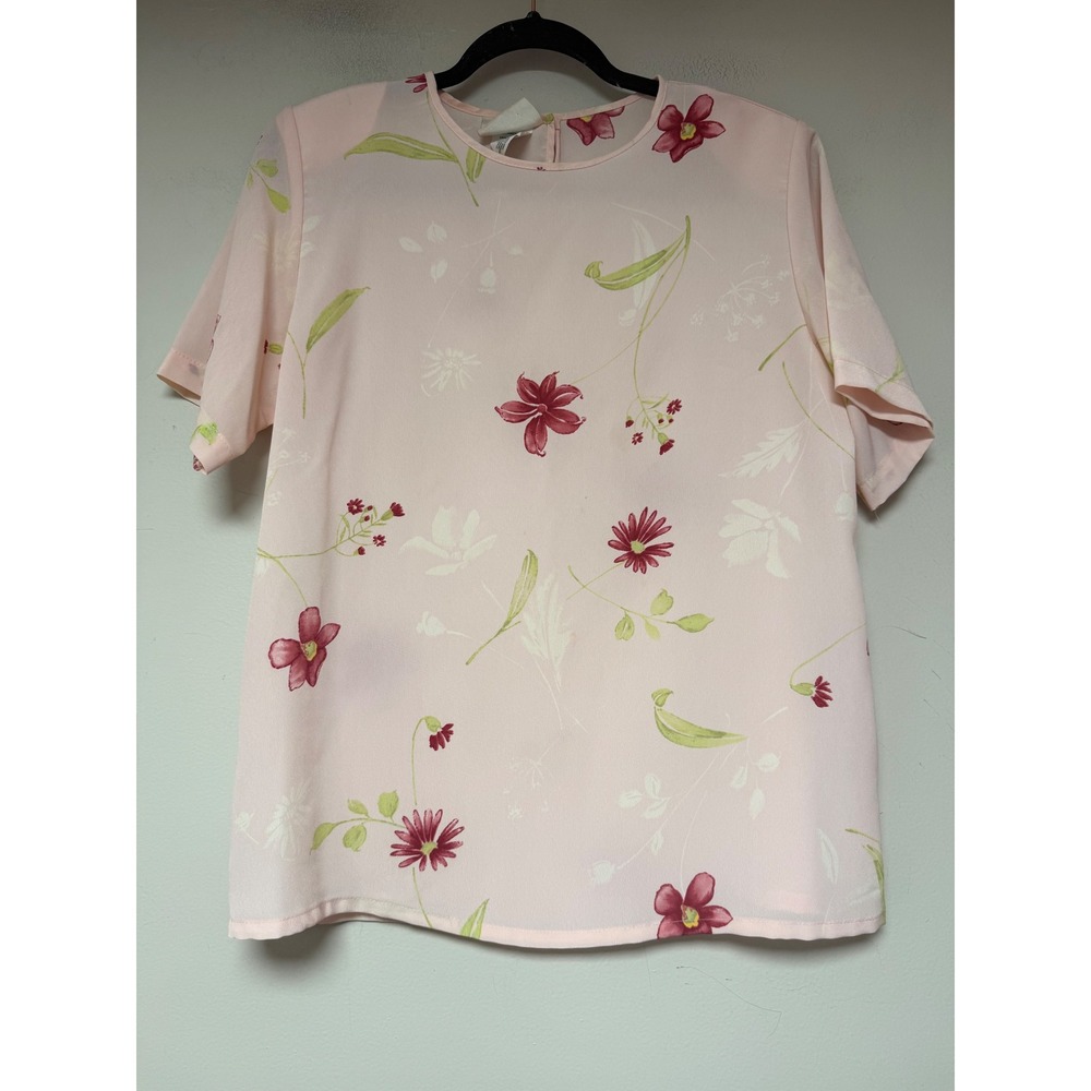 Kathie Lee Collection Blouse Womens 10 Pink Excellent Floral Short Sleeve 9070‎